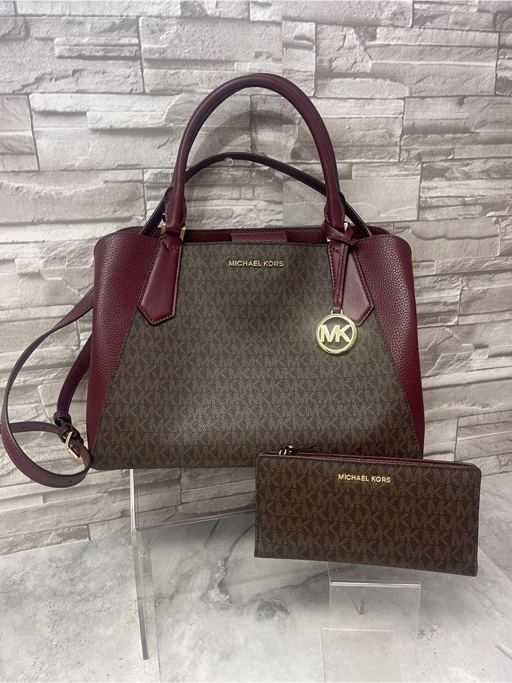 Michael Kors Kimberly Brown/Red Large Satchel & Matching Wallet Merlot Multi - Picture 4 of 14